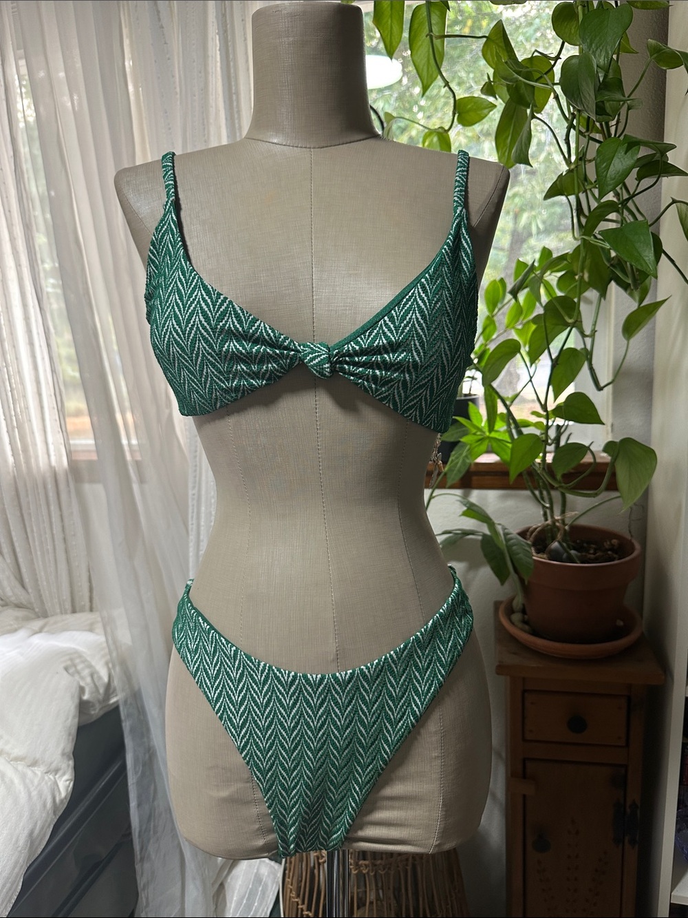 Green Patterned Knot-Front Bikini Set